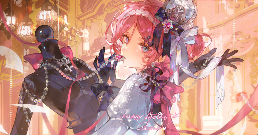 1girl, absurdres, artist_name, bead_necklace, beads, black_gloves, black_ribbon, blue_gloves