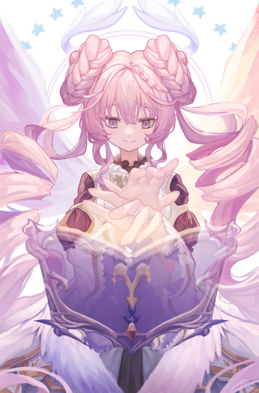 1girl, absurdres, angel_wings, blush, book, braid, closed_mouth, demon_wings