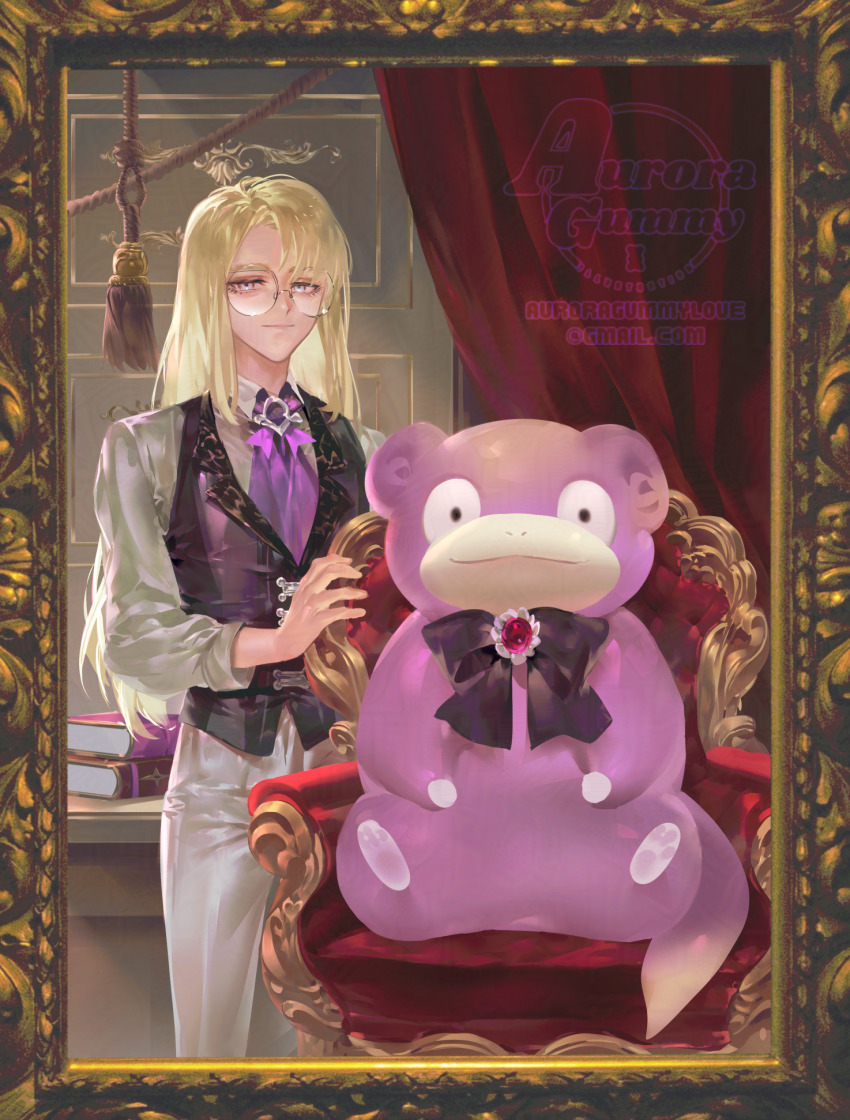 1boy, alternate_costume, auroragummy, avery_(pokemon), blonde_hair, book, chair, closed_mouth