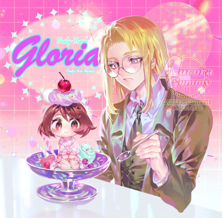 1boy, 1girl, alternate_costume, artist_name, auroragummy, avery_(pokemon), blonde_hair, blue_eyes