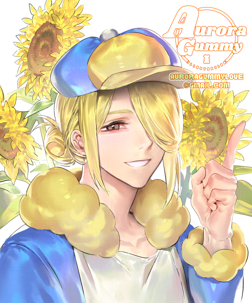 1boy, artist_name, auroragummy, blonde_hair, blue_jumpsuit, commentary_request, email_address, grin, hair_bun, hair_over_one_eye, half-closed_eyes, hand_up, happy, hat, highres, index_finger_raised, jumpsuit, korean_commentary, male_focus, nintendo, pokemon, pokemon_legends:_arceus, short_hair, smile, solo, teeth, upper_body, volo_(pokemon), watermark, white_background