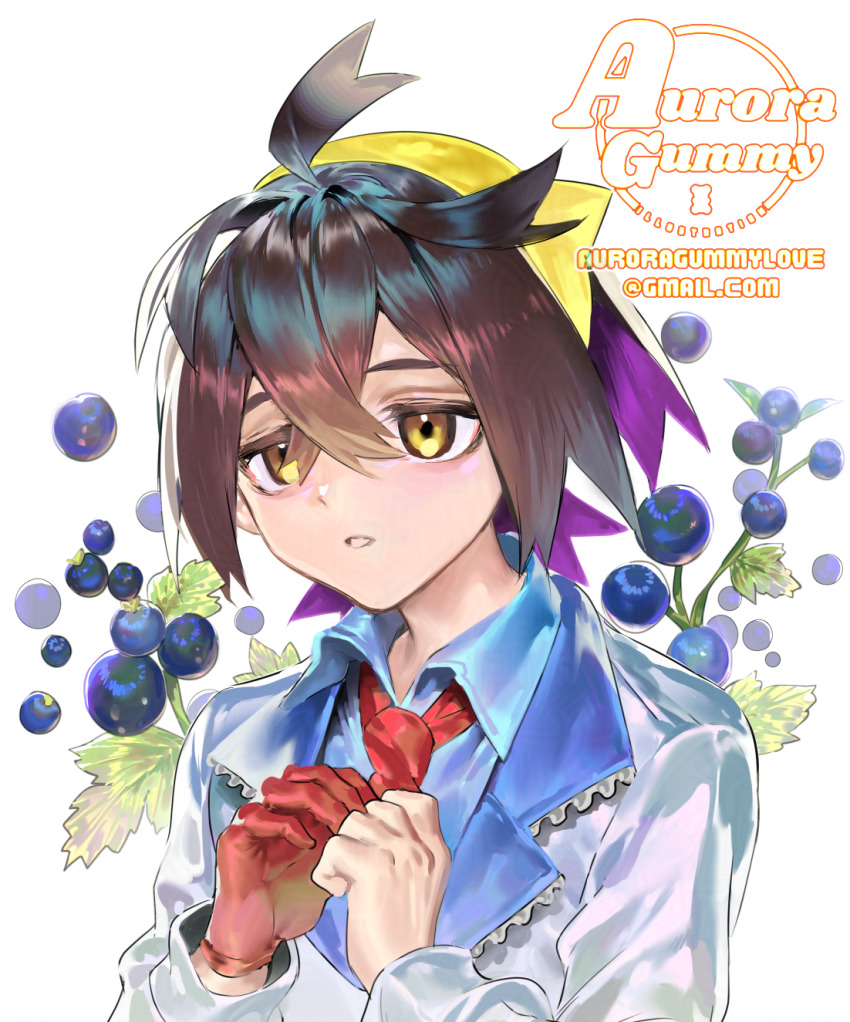 1boy, artist_name, auroragummy, black_hair, blue_shirt, blueberry, collared_shirt, colored_inner_hair