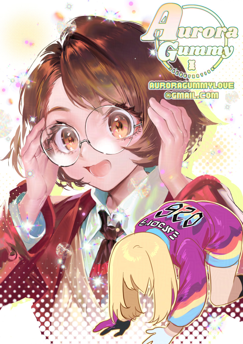 1boy, 1girl, :d, adjusting_eyewear, all_fours, artist_name, auroragummy, avery_(pokemon)