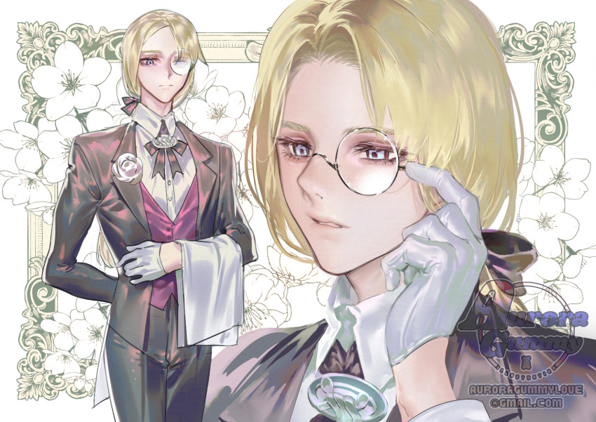 1boy, adjusting_eyewear, alternate_costume, artist_name, auroragummy, avery_(pokemon), blonde_hair, blue_eyes