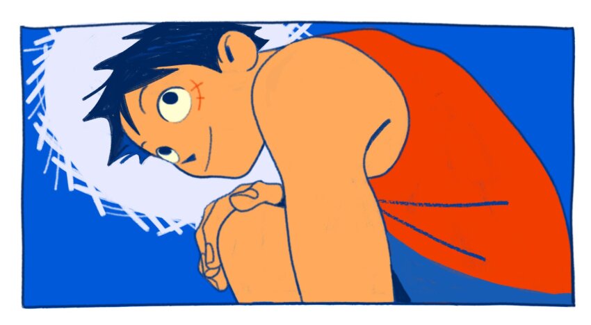 1boy, alt_text, black_eyes, black_hair, blue_shorts, border, closed_mouth, commentary