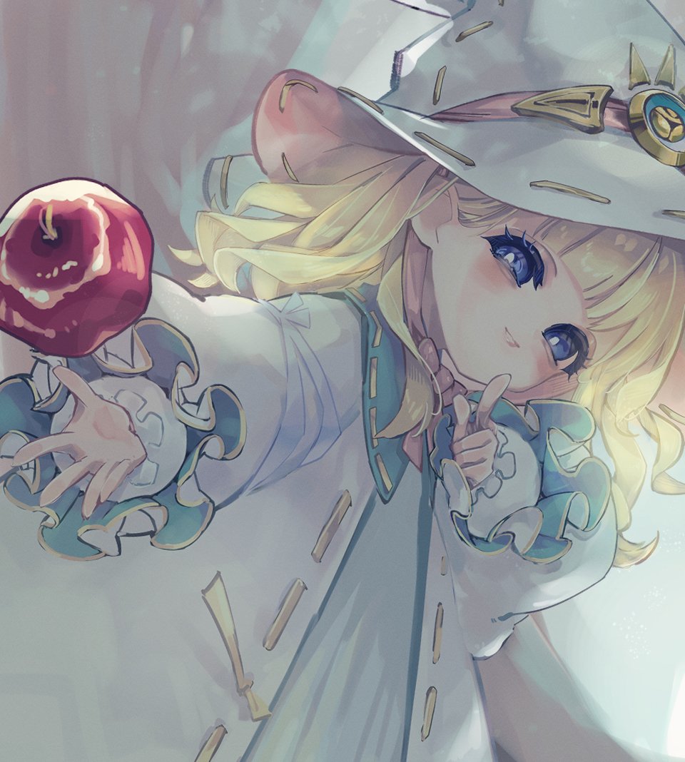 1girl, apple, blonde_hair, blue_eyes, child, coat, cowboy_shot, diabellze_the_original_sinkeeper