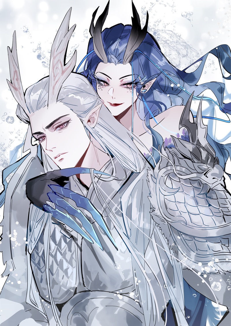 1boy, 1girl, ao_guang_(nezha_zhi_motong_jiangshi), ao_run_(nezha_zhi_motong_jiangshi), blue_dress, blue_hair, brother_and_sister, dragon_girl