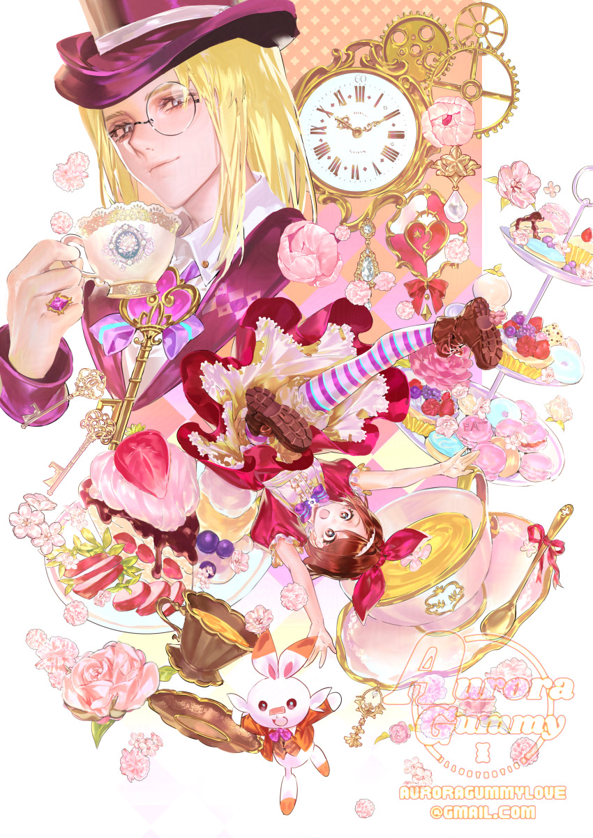 1boy, 1girl, absurdres, alice's_adventures_in_wonderland, arms_up, artist_name, auroragummy, avery_(pokemon)