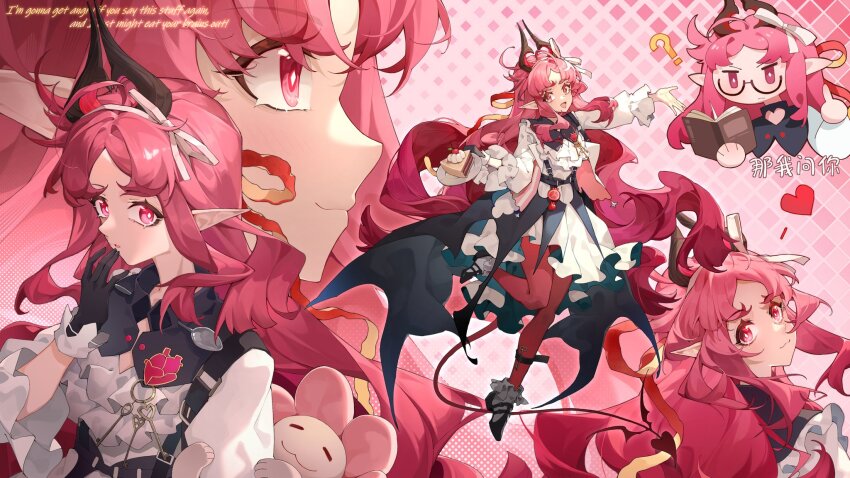 ?, arknights, black_gloves, cake, cake_slice, carousel, chibi, chinese_text, diamond-shaped_pupils, diamond_(shape), dress, english_text, food, foot_up, frills, from_side, full_body, gloves, hair_ribbon, hand_on_own_face, hand_up, heart, heart_tail, highres, holding, holding_plate, lingyu_ovo, long_hair, long_sleeves, looking_at_viewer, looking_back, multiple_views, nymph_(arknights), nymph_(sweetness_to_the_heart)_(arknights), open_mouth, pantyhose, pink_eyes, pink_hair, pink_pantyhose, plate, pointy_ears, portrait, puffy_long_sleeves, puffy_sleeves, red_pantyhose, red_tail, ribbon, semi-rimless_eyewear, smile, spoon, standing, standing_on_one_leg, symbol-shaped_pupils, tail, upper_body, white_dress