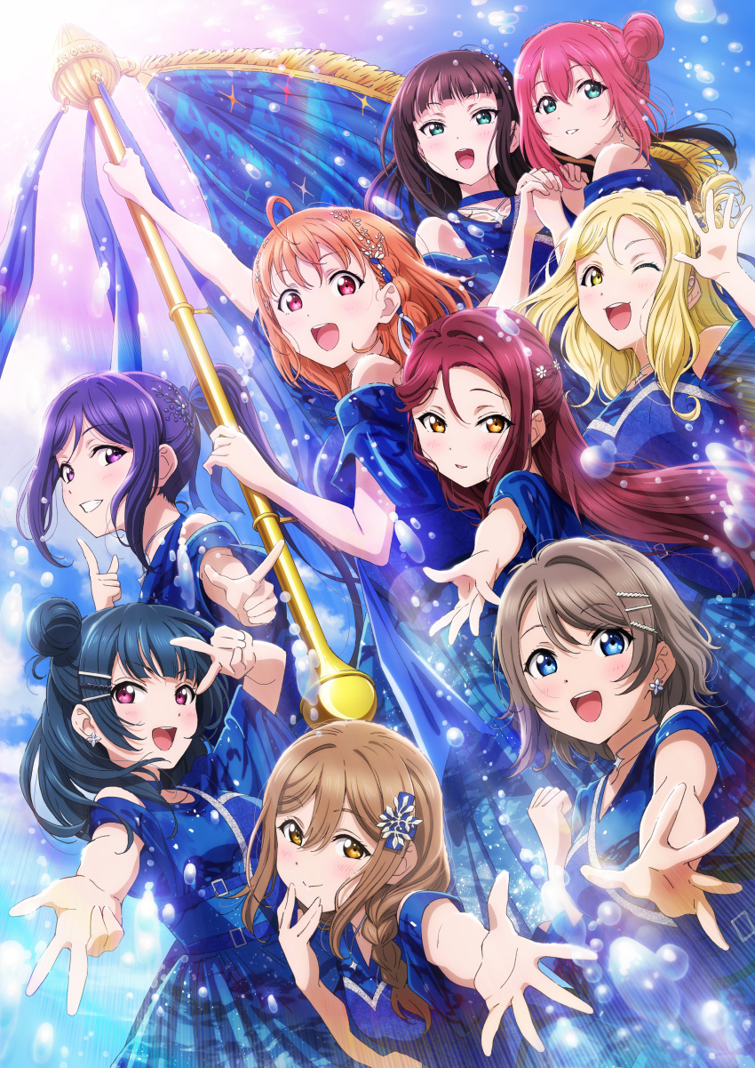 6+girls, absurdres, ahoge, anime_coloring, aqours_finale_lovelive!_~eikyuu_stage~, bare_shoulders, black_hair, blonde_hair