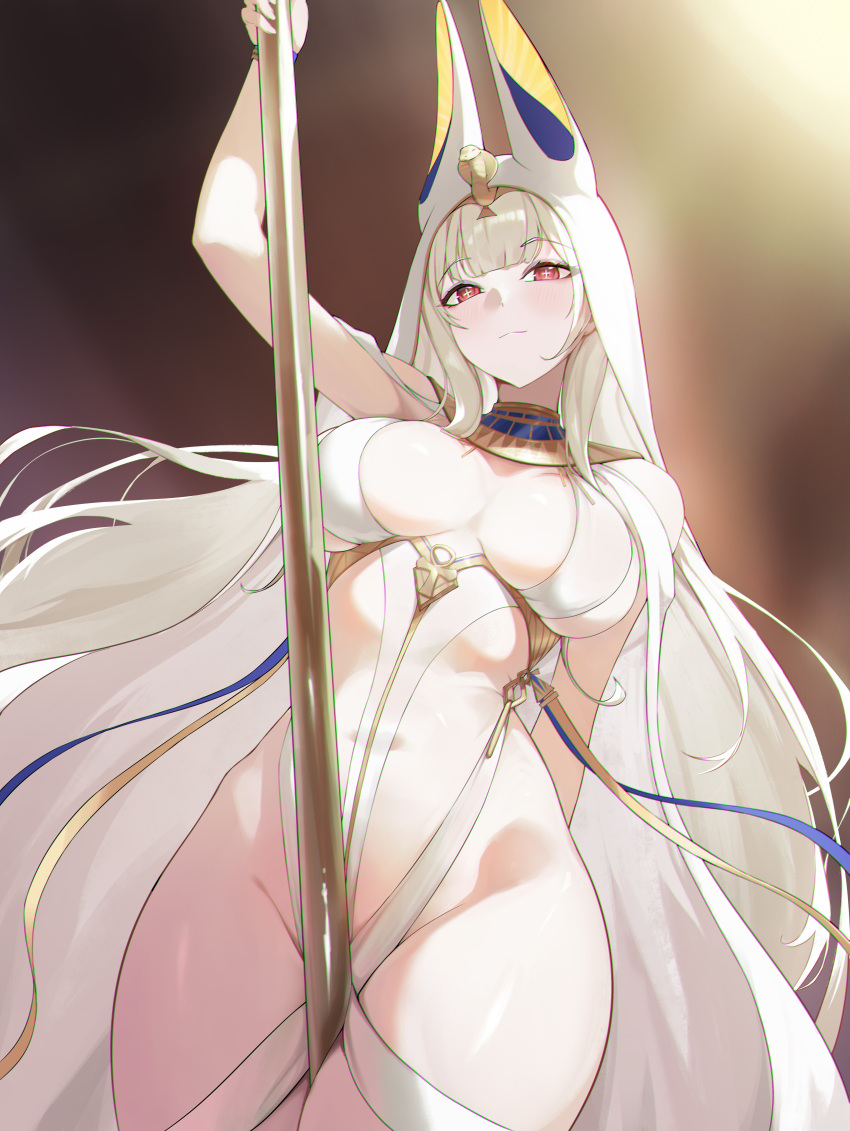 1girl, absurdres, ancient_egyptian_clothes, animal_ears, azur_lane, blurry, blurry_background, breasts