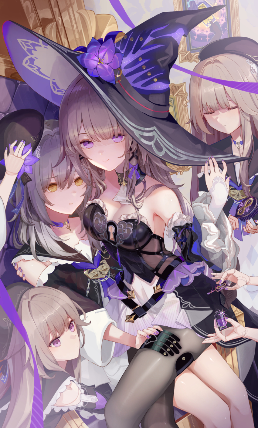 2girls, alternate_costume, bare_shoulders, black_dress, black_pantyhose, breasts, brown_hair, cleavage