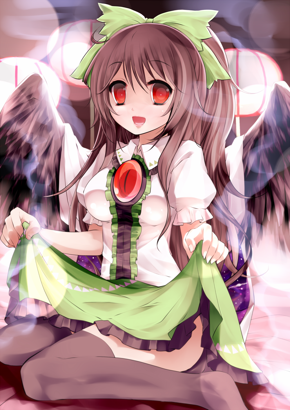 1girl, bad_id, bad_pixiv_id, black_hair, black_thighhighs, black_wings, blush, bow