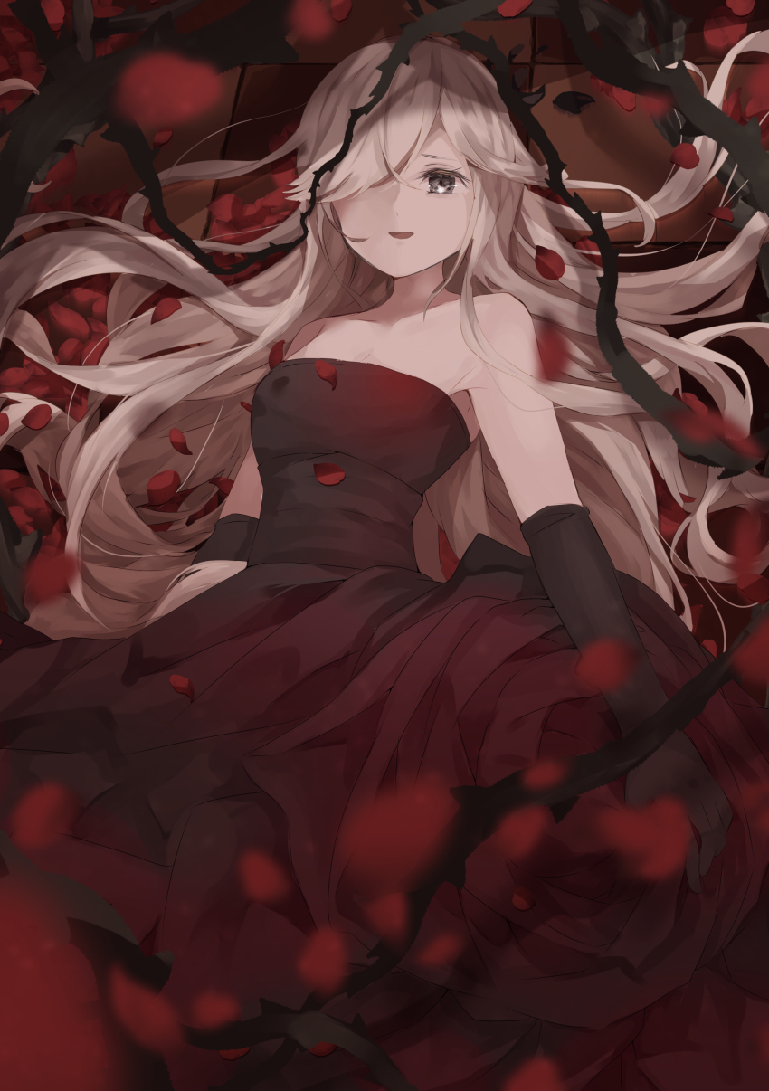 1girl, absurdres, alternate_costume, bare_shoulders, black_eyes, black_gloves, blush, breasts