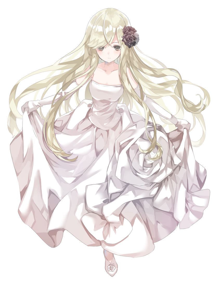 1girl, absurdres, black_eyes, black_flower, black_rose, blush, breasts, bride