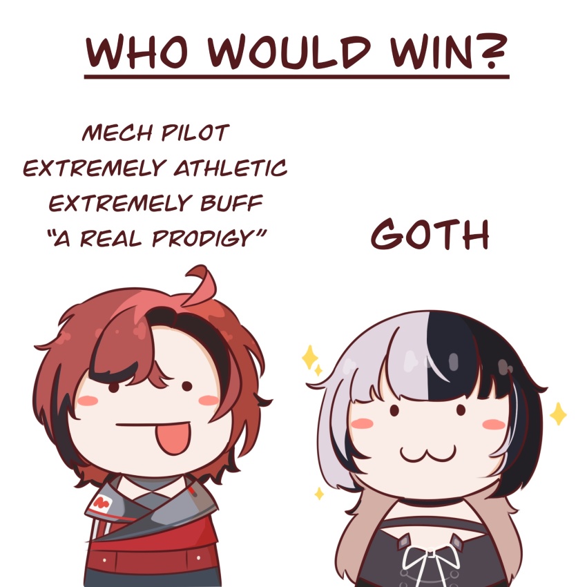 1boy, 1girl, :3, :p, black_dress, black_hair, commentary, dress, english_commentary, english_text, grey_hair, highres, hiroavrs, hololive, hololive_english, holostars, holostars_english, jacket, long_hair, machina_x_flayon, machina_x_flayon_(1st_costume), multicolored_hair, red_hair, red_jacket, shiori_novella, short_hair, simple_background, split-color_hair, tongue, tongue_out, two-tone_hair, virtual_youtuber, white_background