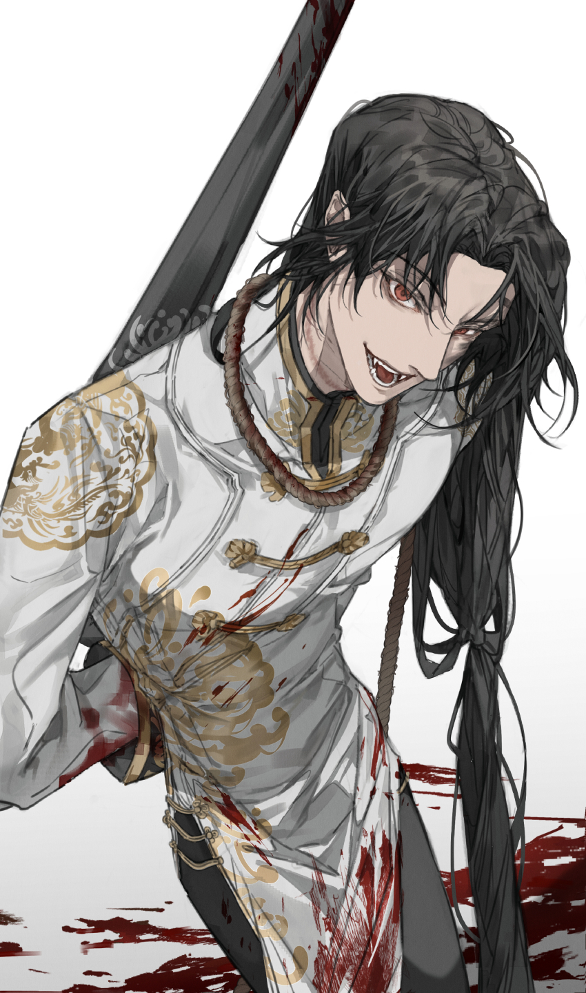 1boy, absurdres, arms_behind_back, black_hair, blood, blood_on_clothes, blood_on_face, blood_splatter