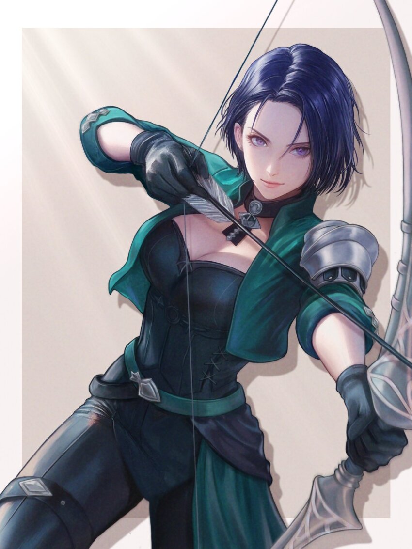 1girl, aiming, aqua_belt, aqua_jacket, armor, arrow_(projectile), belt, black_choker, black_gloves, black_pants, black_shirt, border, bow_(weapon), breasts, choker, cleavage, commentary_request, cropped_jacket, fire_emblem, fire_emblem:_three_houses, gloves, grey_background, highres, holding, holding_bow_(weapon), holding_weapon, jacker, jacket, large_breasts, lips, looking_at_viewer, mixed-language_commentary, nintendo, outside_border, pants, pauldrons, pink_lips, purple_eyes, purple_hair, shamir_nevrand, shirt, short_hair, shoulder_armor, simple_background, single_pauldron, solo, weapon, white_border, wrainbow13