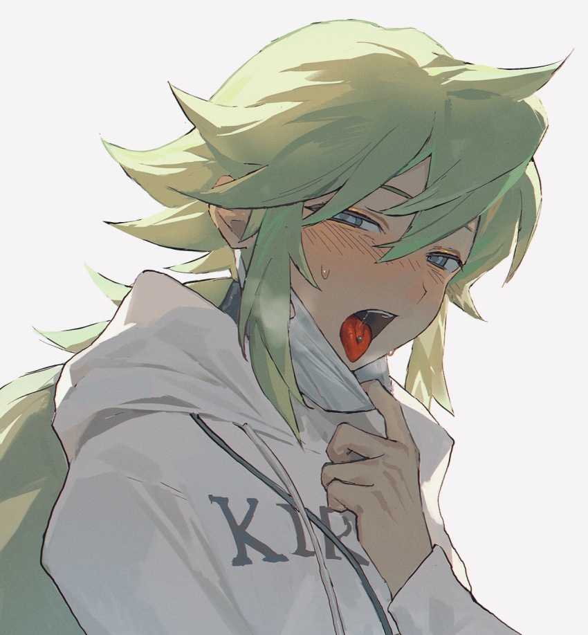 1boy, arm_up, blue_eyes, blush, hair_between_eyes, highres, hood, hood_down, hoodie, icefefe, long_hair, long_sleeves, looking_to_the_side, male_focus, mask, mouth_mask, n_(pokemon), nintendo, open_mouth, piercing, pokemon, pokemon_black_and_white, ponytail, print_hoodie, saliva, sideways_glance, simple_background, solo, teeth, tongue, tongue_out, tongue_piercing, upper_body, upper_teeth_only, very_long_hair, white_background, white_hoodie