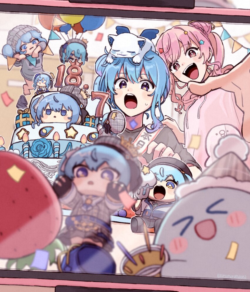 >_<, absurdres, anemachi, balloon, birthday_cake, blue_hair, blush, string_of_flags