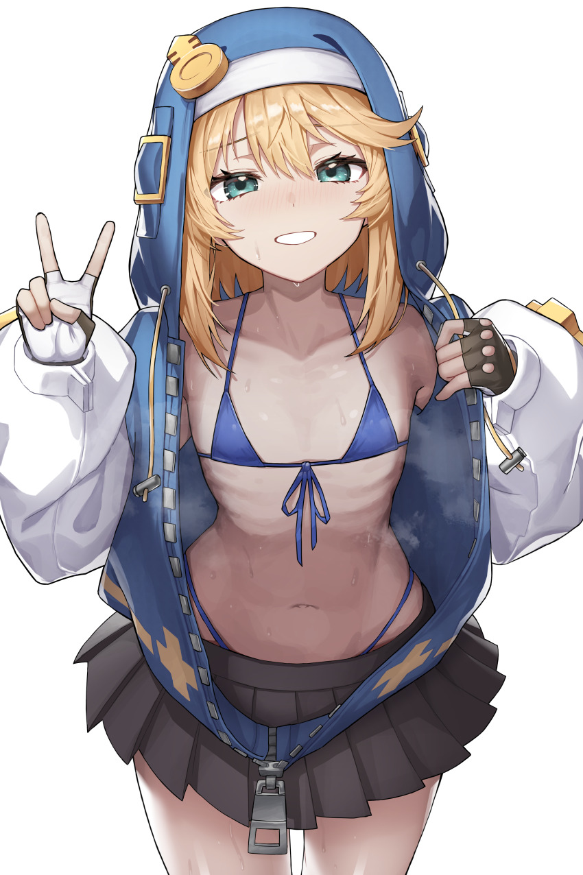 1boy, absurdres, androgynous, arc_system_works, bikini, bikini_under_clothes, black_gloves, blonde_hair, blue_bikini, blue_hoodie, bridget_(guilty_gear), collarbone, cowboy_shot, curvy, dot_nose, embarrassed, eyebrows, fingerless_gloves, flat_chest, from_above, gloves, green_eyes, grey_skirt, grin, guilty_gear, guilty_gear_strive, hands_up, highleg, highleg_bikini, highres, hood, hood_up, hoodie, long_hair, long_sleeves, looking_at_viewer, looking_up, male_focus, navel, nervous, nervous_smile, open_clothes, open_hoodie, opened_by_self, poisoncrown01, ribs, simple_background, skinny, skirt, smile, solo, standing, swimsuit, teeth, thong, thong_bikini, trap, two-sided_gloves, two-tone_gloves, two-tone_hoodie, v, white_background, white_gloves, white_hoodie, wide_hips