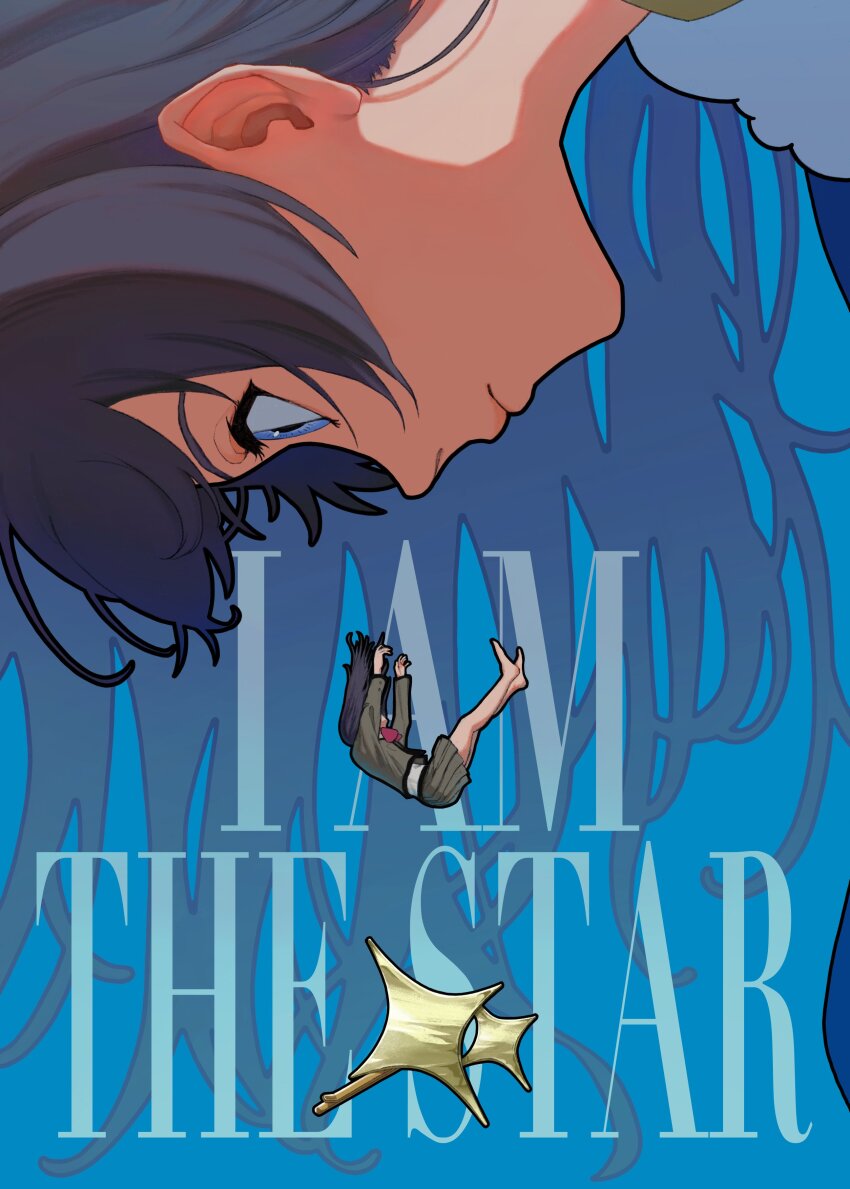 1girl, absurdres, barefoot, black_hair, blue_background, blue_eyes, blue_jacket, bow, bowtie, character_background, closed_mouth, collared_shirt, commentary_request, covered_face, crown_hair_ornament, english_text, falling, fur-trimmed_jacket, fur_trim, grey_jacket, grey_skirt, hair_ornament, hairclip, hands_up, highres, jacket, kagura_hikari, legs_up, lips, long_hair, looking_down, multiple_views, outstretched_arms, pleated_skirt, profile, projected_inset, red_bow, red_bowtie, sato_no_sachi, school_uniform, seishou_music_academy_uniform, shirt, shirt_tucked_in, shoujo_kageki_revue_starlight, skirt, sparkle_hair_ornament, text_background, unworn_hair_ornament, unworn_hairclip, white_shirt