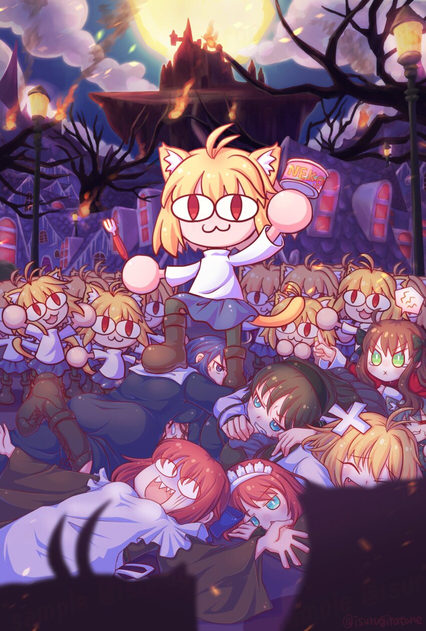 1boy, 6+girls, :3, ahoge, anger_vein, animal_ears, antenna_hair, apron