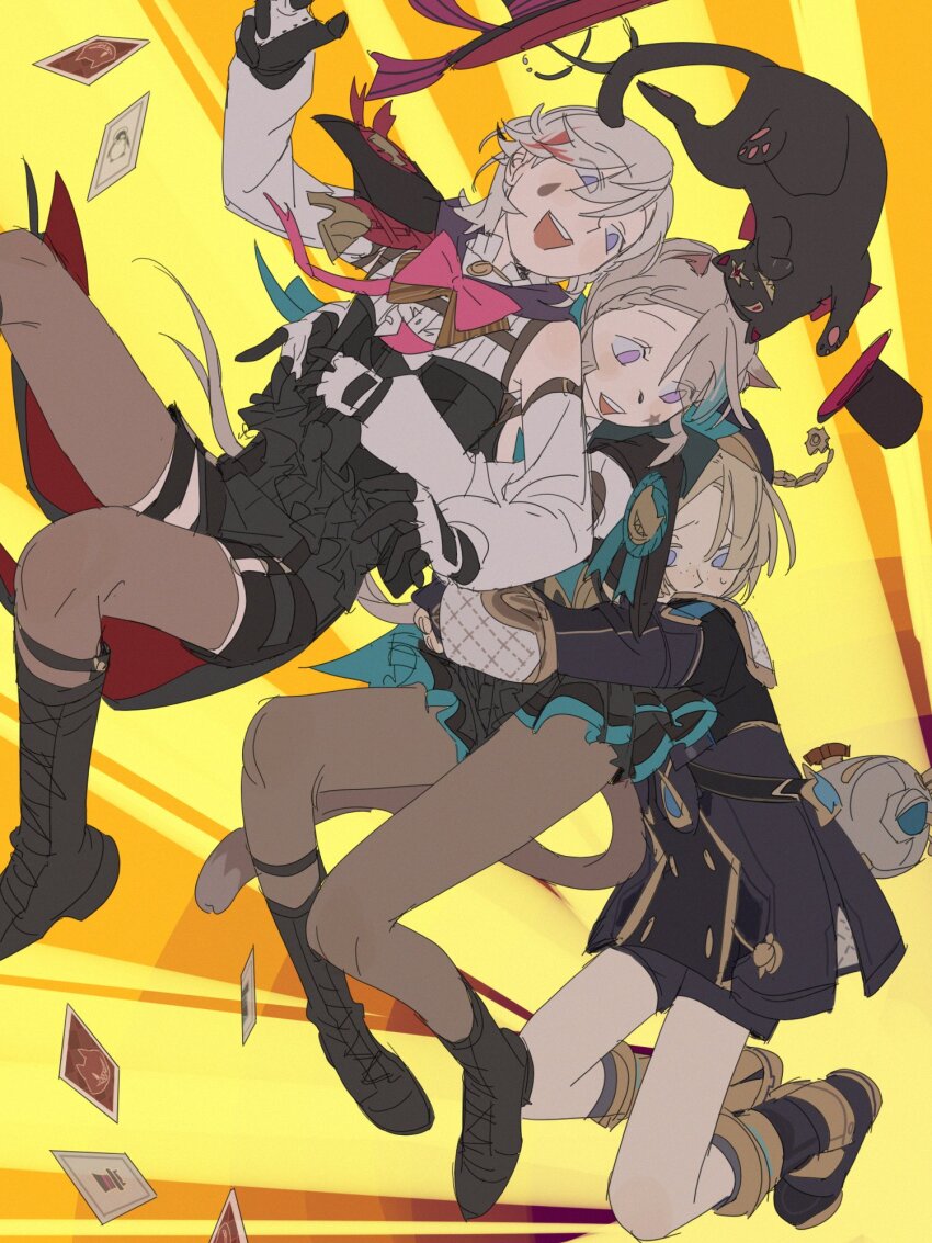 1girl, 2boys, animal_ears, black_cat, black_gloves, black_shirt, black_shorts, blonde_hair