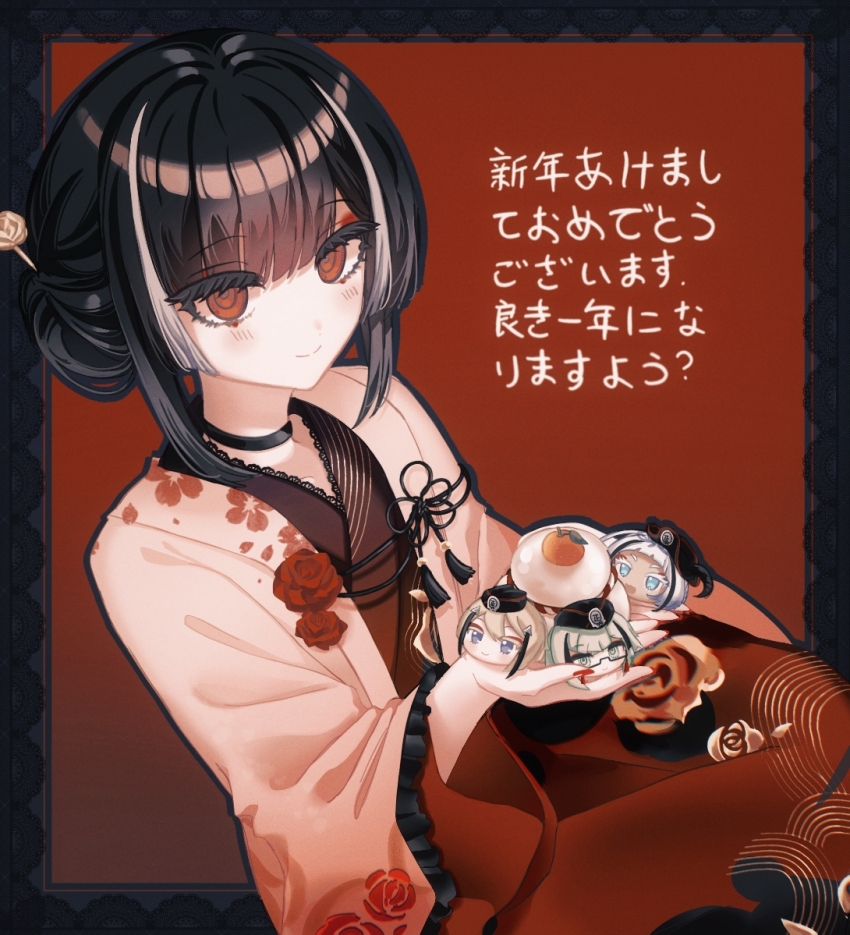 1boy, black_choker, blush, choker, closed_mouth, grey_hair, hair_bun, hair_ornament, hairpin, hankaku_sato, holding, hyuuga_masamune, ishida_masamune, japanese_clothes, kimono, kuki_masamune, kyogoku_masamune, multicolored_hair, red_eyes, red_kimono, robe, short_hair, single_hair_bun, solo, streaked_hair, touken_ranbu, translation_request, trap, yellow_robe