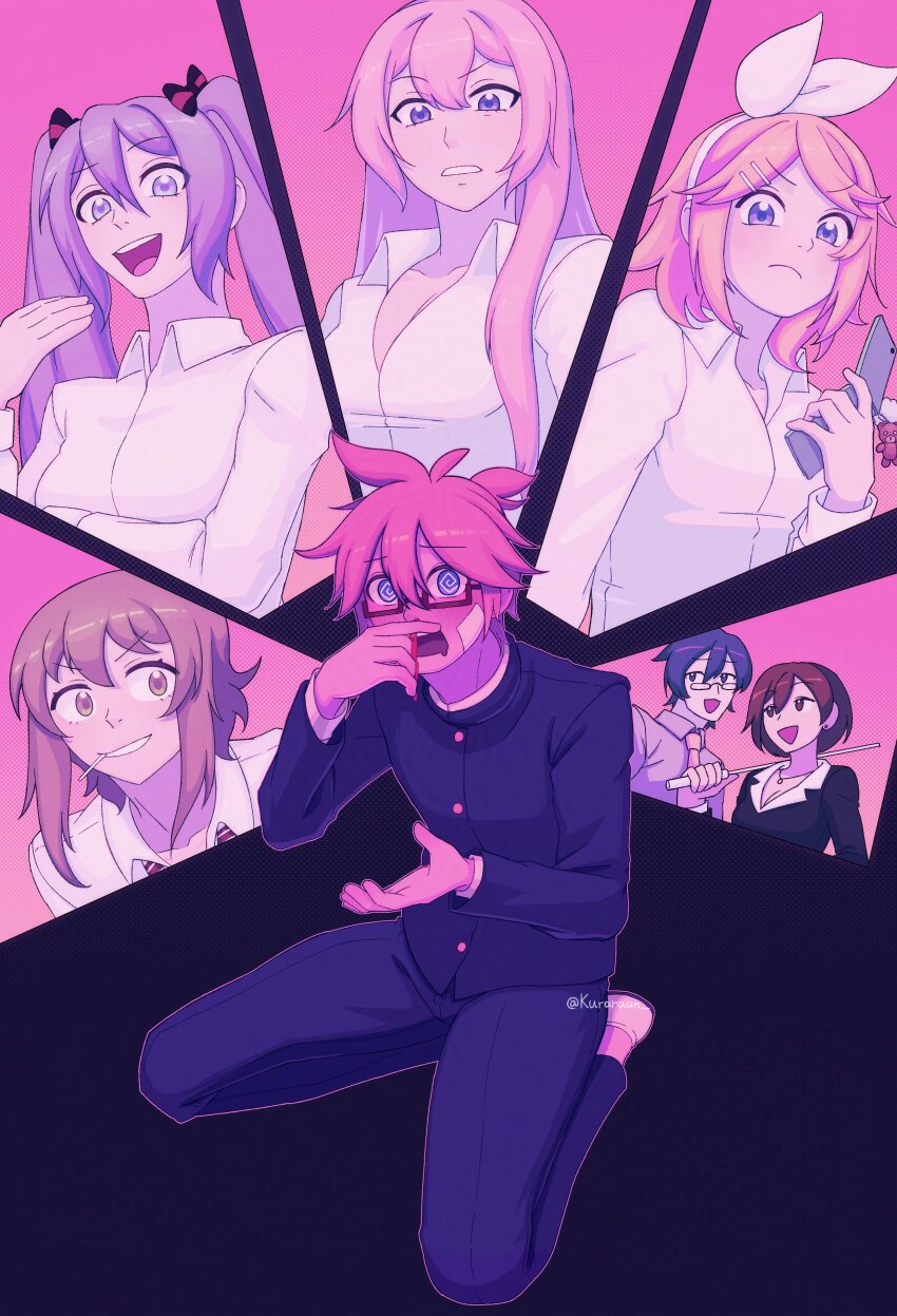 2boys, 5girls, @_@, absurdres, bandaid, bandaid_on_cheek, bandaid_on_face, blonde_hair