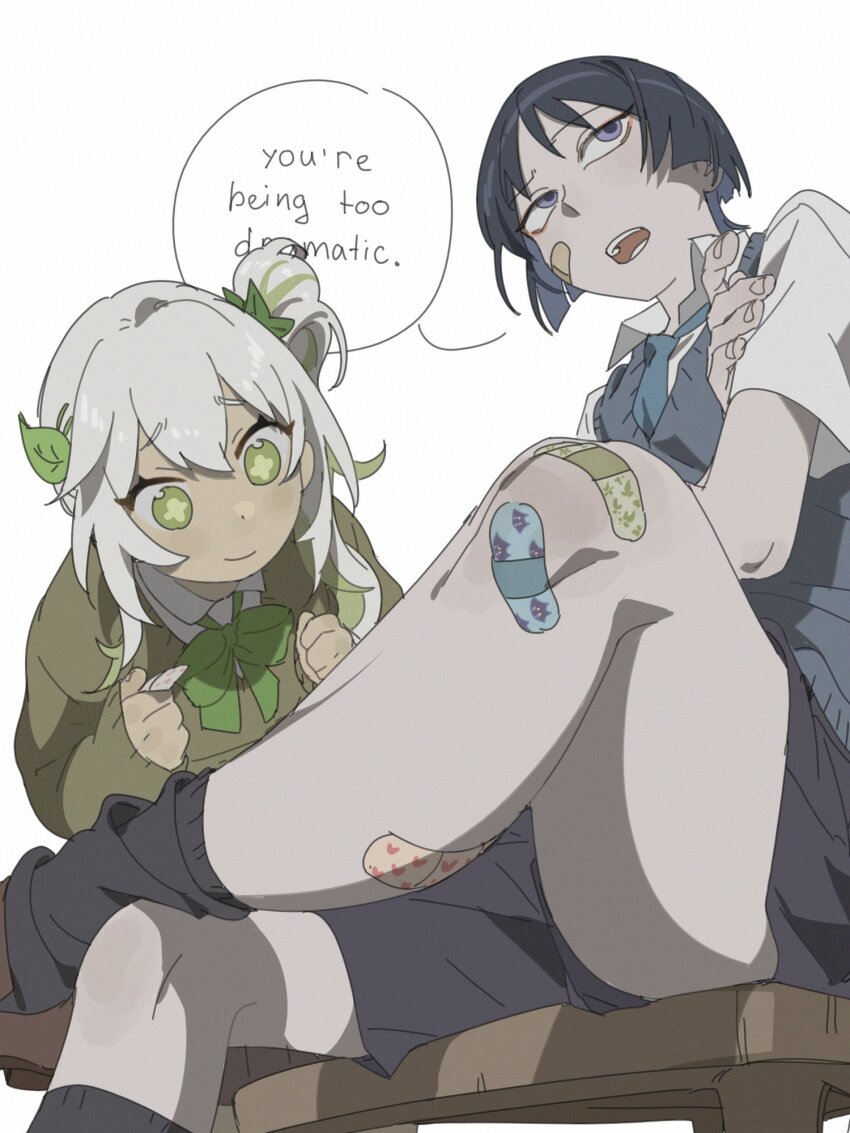 1boy, 1girl, alternate_costume, bandaid, bandaid_on_face, bandaid_on_knee, bandaid_on_leg, black_hair