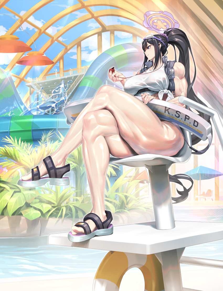 1girl, absurdres, bare_legs, black_hair, blue_archive, breasts, chair, crossed_legs