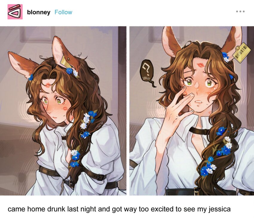 1girl, ?, animal_ears, belt, blue_flower, blush, brown_belt, brown_hair