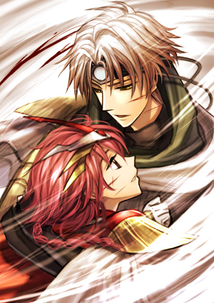 1990s_(style), 1boy, 1girl, armor, bad_id, bad_pixiv_id, bishounen, braid, cape, couple, eagle_vision, haru_(toyst), headband, headgear, hetero, long_hair, magic_knight_rayearth, pauldrons, red_hair, retro_artstyle, scar, shidou_hikaru, shoulder_armor, smile, white_hair