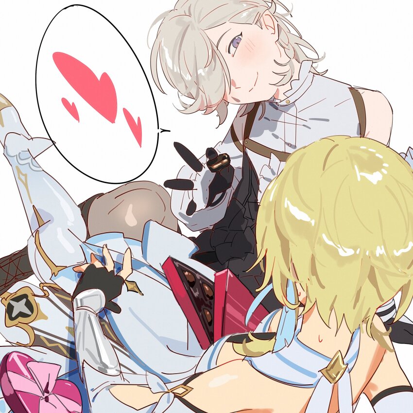 1boy, 1girl, absurdres, black_gloves, blonde_hair, box, couple, detached_sleeves