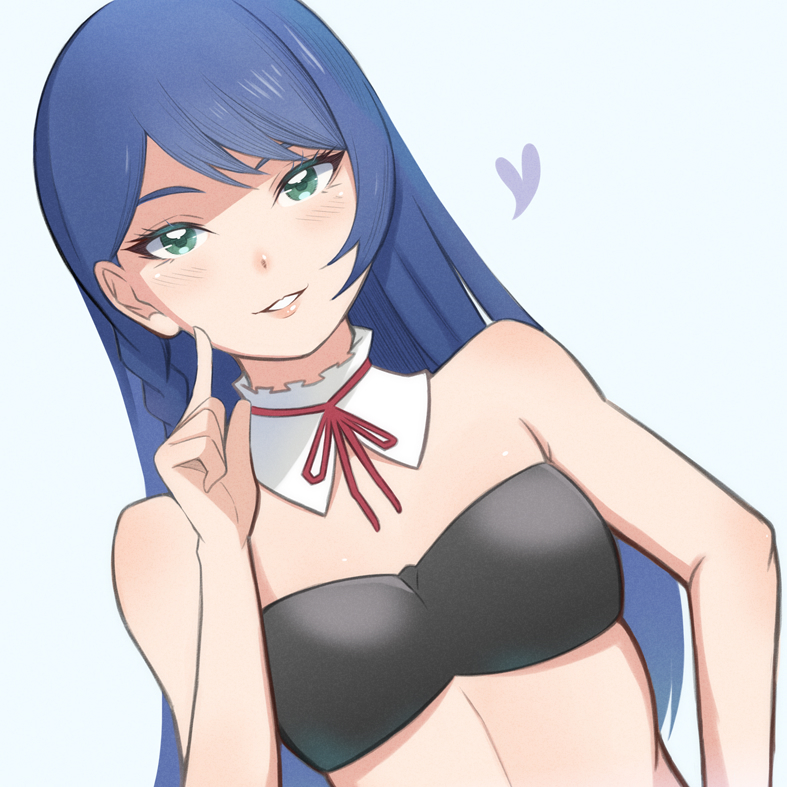 1girl, bikini, black_bikini, blue_background, blue_hair, blush, braid, breasts