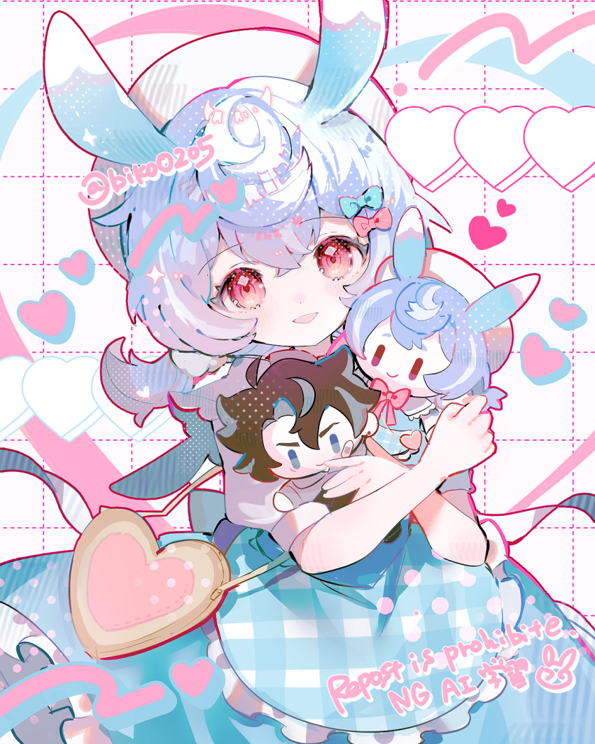 1girl, :d, animal_ears, apron, aqua_apron, aqua_bow, aqua_skirt, artist_name