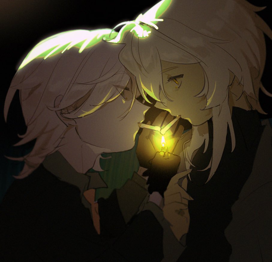 1boy, 1girl, alternate_costume, black_background, black_gloves, blonde_hair, closed_mouth, collared_shirt, couple, genshin_impact, gloves, hetero, holding, holding_lighter, jwuopxx, lighter, lighting_cigarette, looking_at_another, lumine_(genshin_impact), lyney_(genshin_impact), mutual_cigarette_lighting, necktie, shirt, short_hair, smoking, upper_body, yellow_eyes