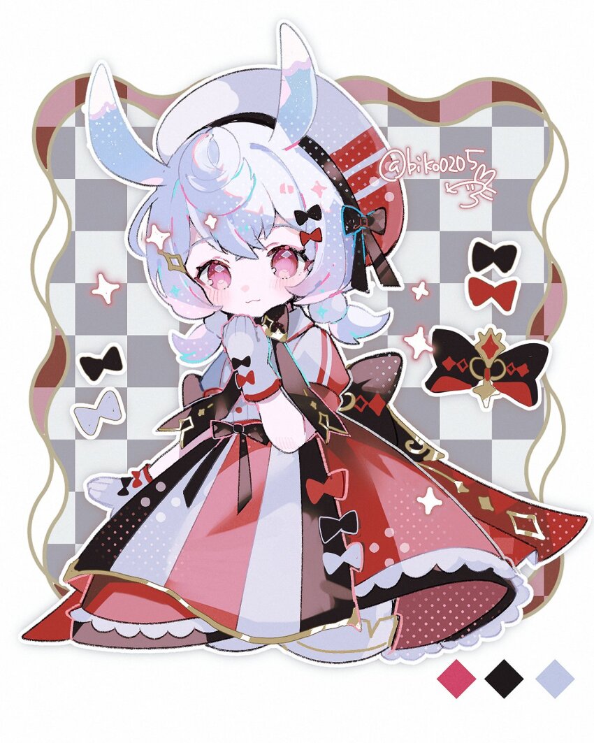 1girl, :3, animal_ears, artist_name, beret, biko0205, black_bow, black_dress