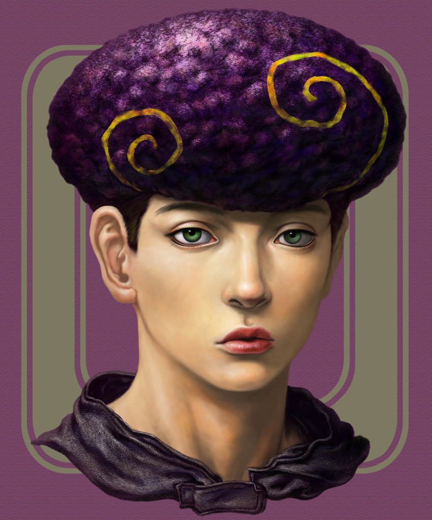 1boy, absurdres, afro, black_shirt, blonde_hair, curly_hair, green_eyes, highres, jojo_no_kimyou_na_bouken, jojolion, looking_at_viewer, portrait, purple_hair, red_lips, shirt, solo, toru_(jojolion), user_zwnh8824