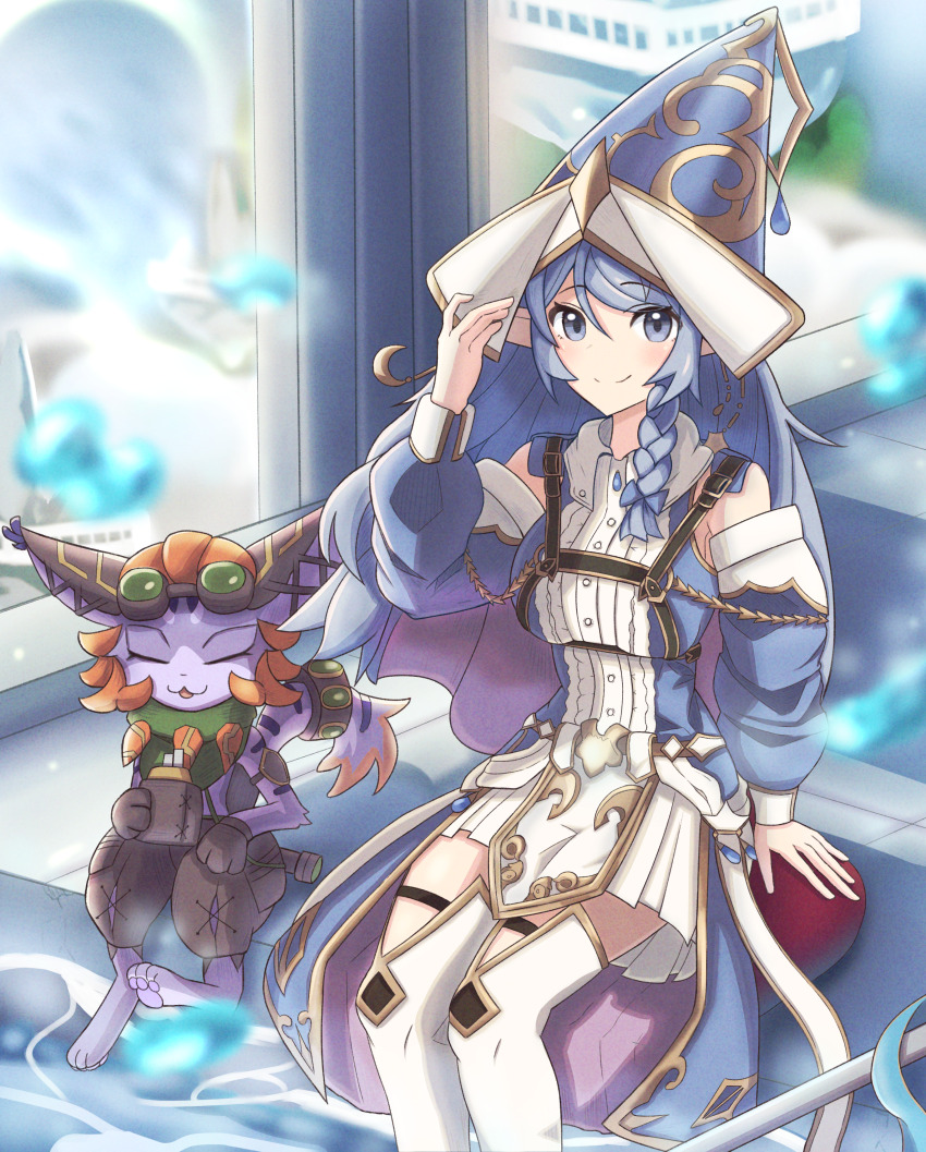 1boy, 1girl, absurdres, animal_ears, blue_dress, blue_eyes, blue_hair, boots