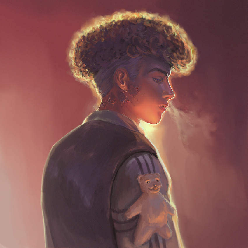 1boy, absurdres, afro, black_shirt, brown_hair, closed_eyes, curly_hair, from_behind