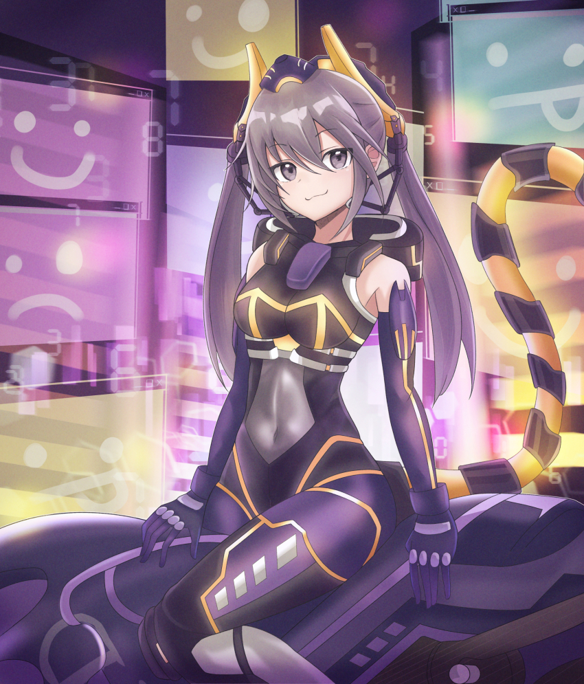 1girl, breasts, covered_navel, cowboy_shot, detached_sleeves, duel_monster, fake_tail, grey_eyes