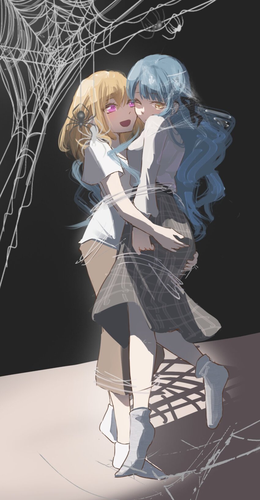 2girls, bang_dream!, bang_dream!_it's_mygo!!!!!, black_ribbon, blonde_hair, blue_hair, brown_skirt, bug, chinese_commentary, commentary_request, grey_skirt, hair_ribbon, highres, hug, long_hair, long_sleeves, medium_hair, misumi_uika, multiple_girls, no_shoes, one_eye_closed, open_mouth, purple_eyes, ribbon, shirt, short_sleeves, silk, skirt, socks, spider, spider_web, togawa_sakiko, white_shirt, white_socks, yellow_eyes, yitiaowei, yuri