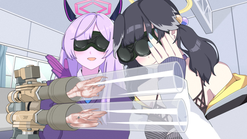 2girls, 3_second_cooking, animal_ears, black_camisole, black_hair, blue_archive, blue_nails, blue_necktie