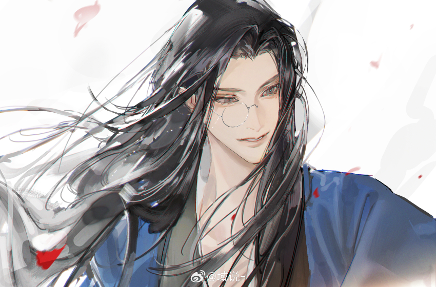 1boy, absurdres, black_hair, blue_hanfu, chinese_clothes, chinese_commentary, grey_eyes, gu_yun