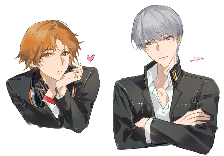 2boys, absurdres, black_jacket, blush, brown_eyes, brown_hair, chains39550, chinese_commentary