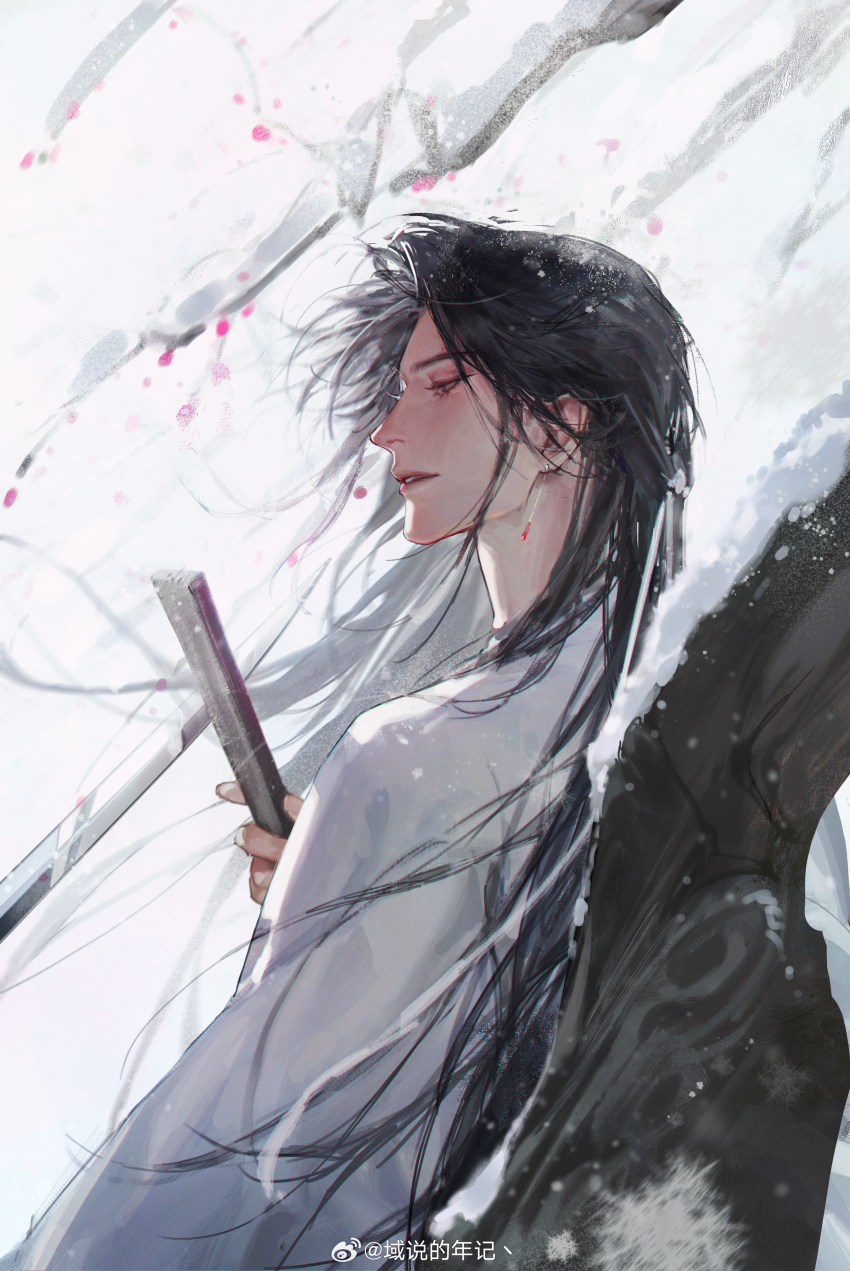 1boy, absurdres, black_hair, brown_eyes, chinese_clothes, chinese_commentary, earrings, folded_fan