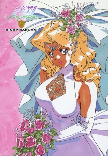 1girl, blonde_hair, blue_eyes, bouquet, breasts, character_name, cindy_sakurai, cleavage