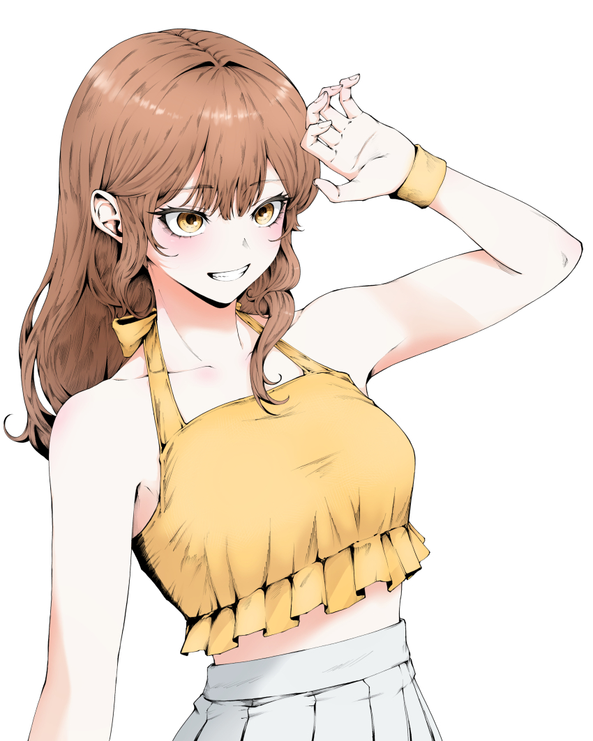 1girl, 21gh, absurdres, bare_shoulders, breasts, brown_hair, commentary, crop_top